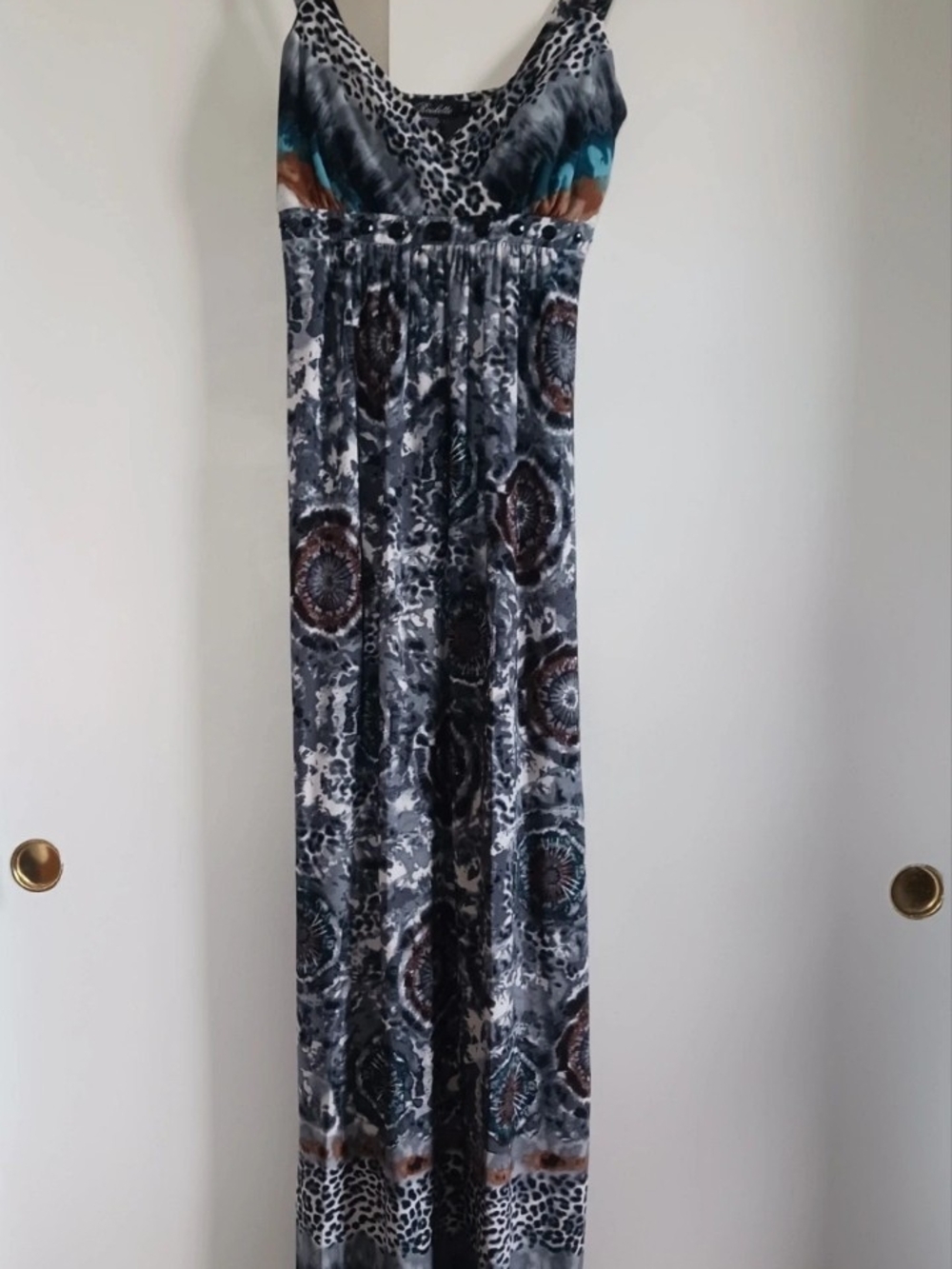 Roulette Gray Maxi Dress with Teal and Brown Accents